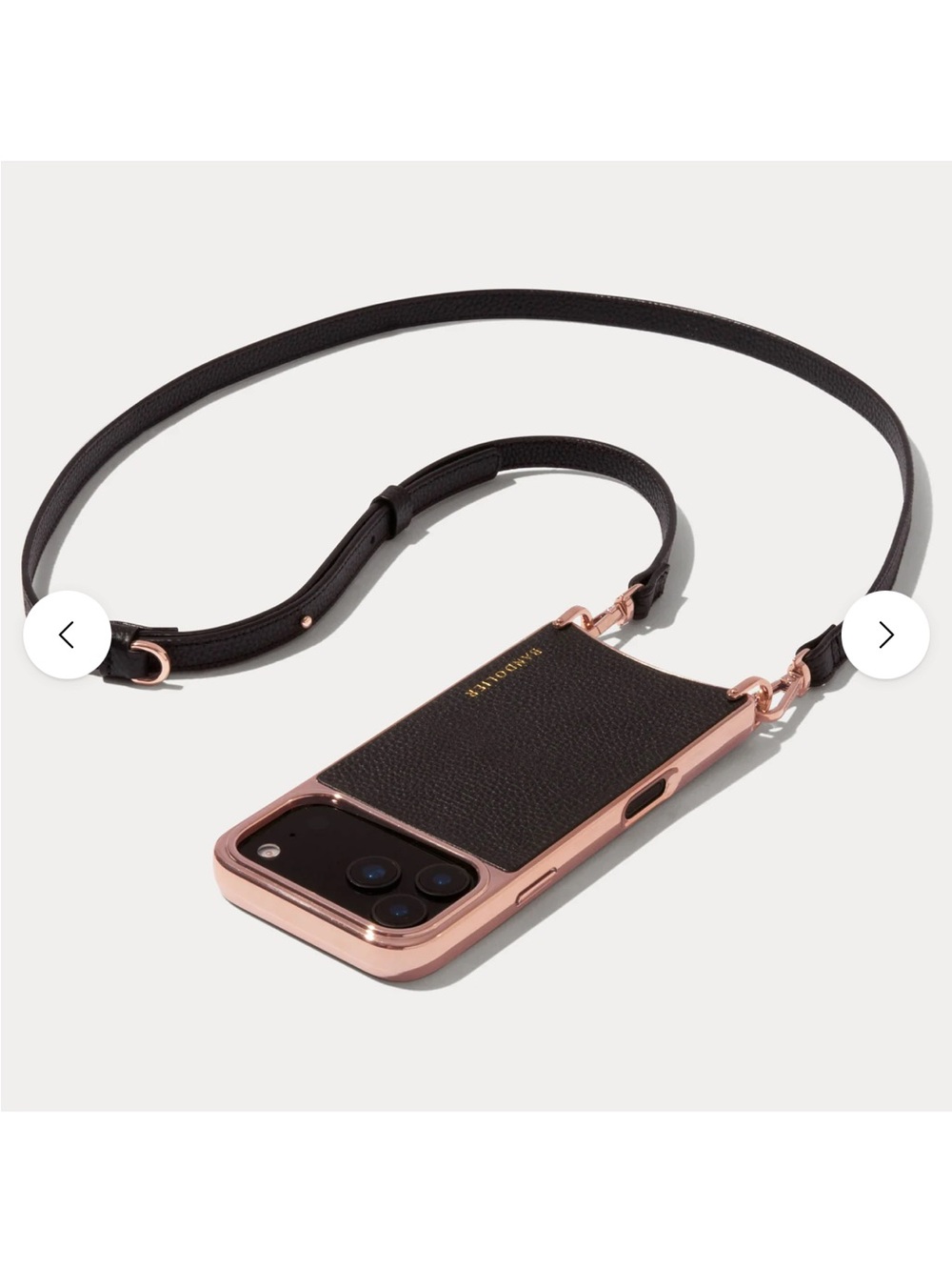 Bandolier Leather Crossbody Phone Case with Strap - Black/Rose Gold New with tag